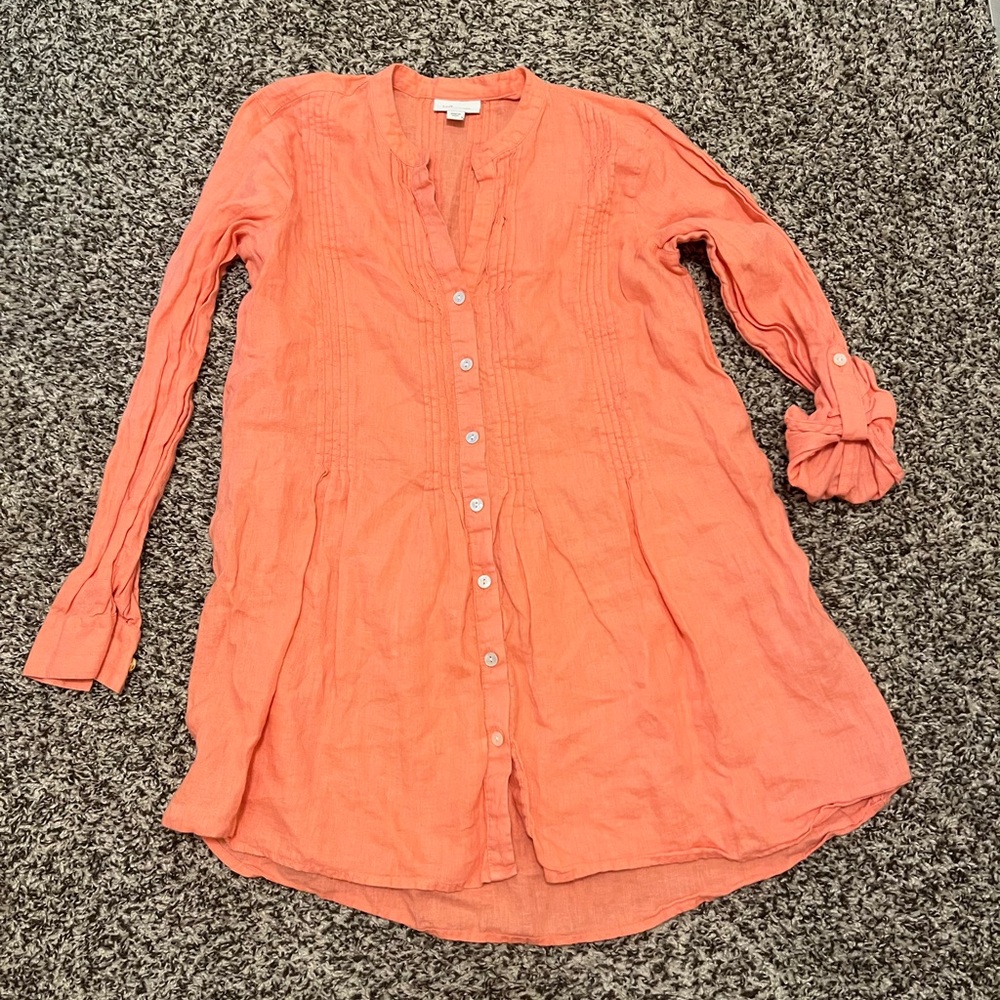 J. Jill Love Linen Pintuck Coral Button-Front Tunic